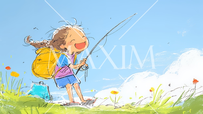 小学生の夏の思い出：釣りに行く（クレヨン＋水彩画風）