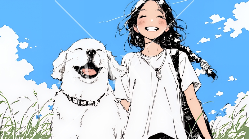 愛犬と散歩している若い女性（シンプルな色使い）