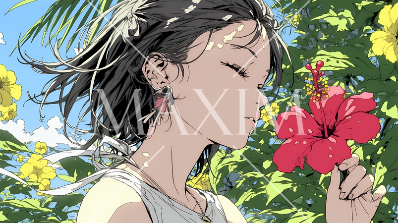 ハイビスカスと若い女性