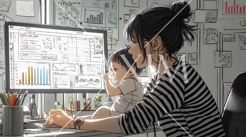 赤ん坊を抱きながらデスクワークをしている女性