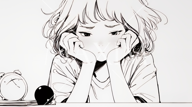 ため息をつく若い女性（シンプルな色使い）