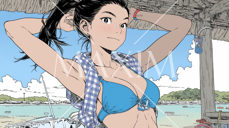 南国の海岸にビキニ姿でいる若い女性