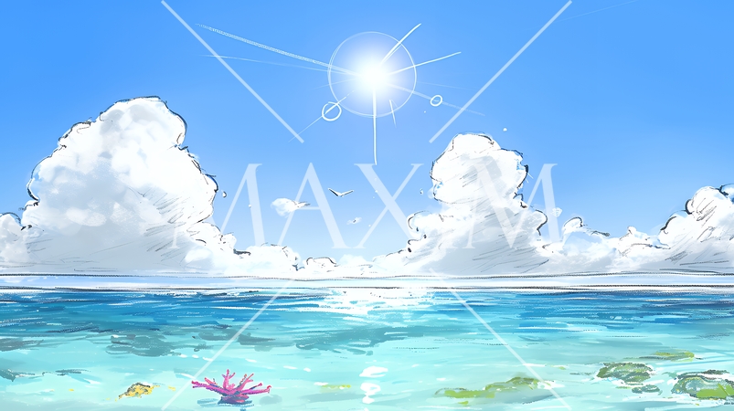 夏の青い空、青い海、白い雲と砂浜のコントラスト（クレヨン＋水彩画風）
