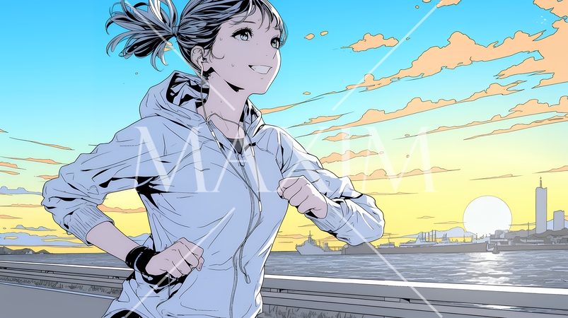 夕方の街並みを背景にジョギングをする若い女性