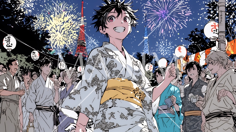 縁日屋台が立ち並び、賑わいを見せる祭りの夜