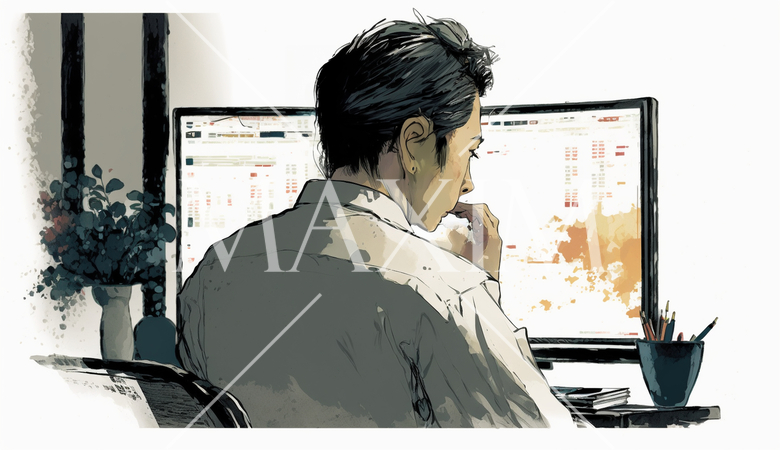 デスクに向かって取引画面を操作する男性トレーダーの横顔。