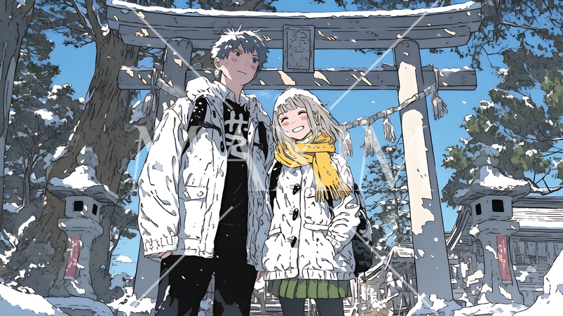 初詣をしている若い恋人カップル