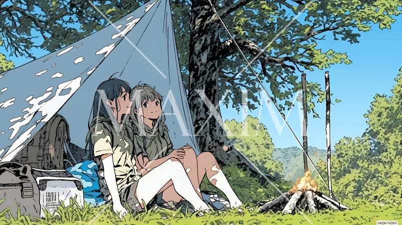 女友達と一緒にテントキャンプを楽しむ若い女性