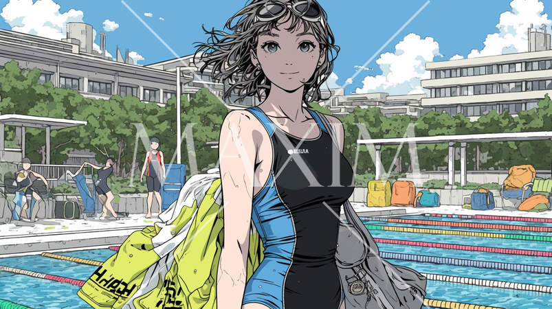 プールサイドに立つスクール水着姿の若い女性