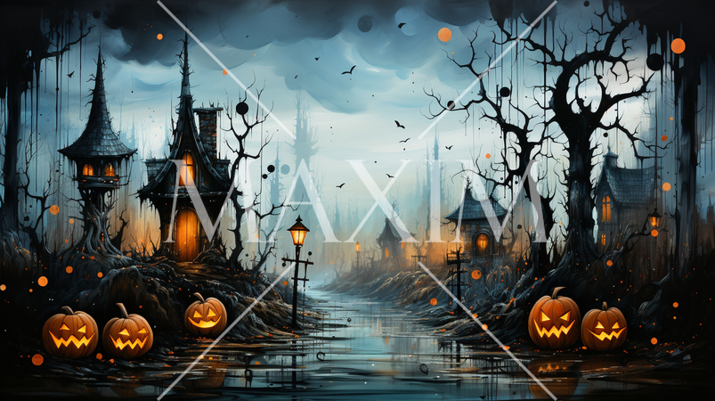 ハロウィンをイメージした古い屋敷の水彩画