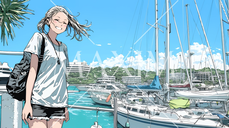 沖縄のヨットハーバーに立つ若い女性