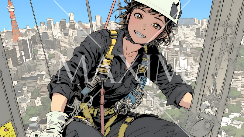 高所で作業をしている女性作業員