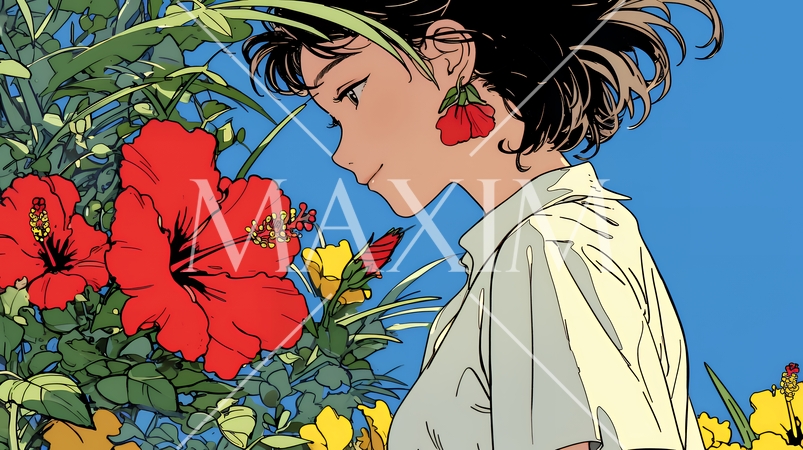 ハイビスカスと若い女性