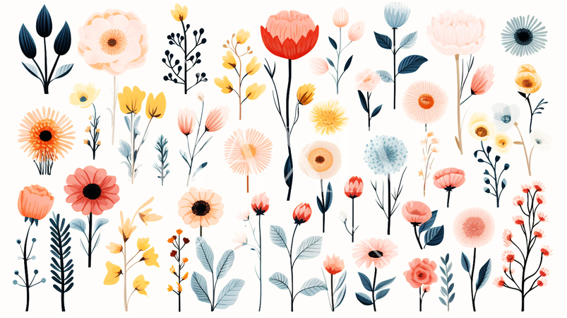 バリエーション豊かな色々な花のアイコンのリファレンスシート