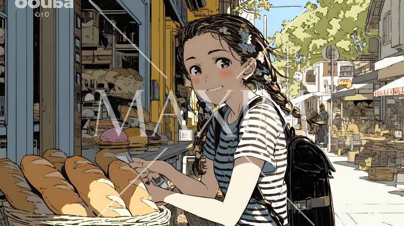 近所のパン屋で焼きたてパンを買う若い女性