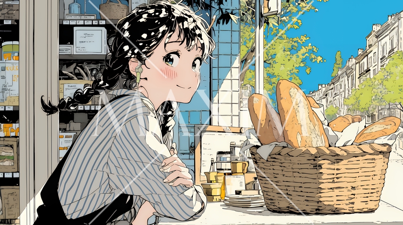 近所のパン屋で焼きたてパンを買う若い女性