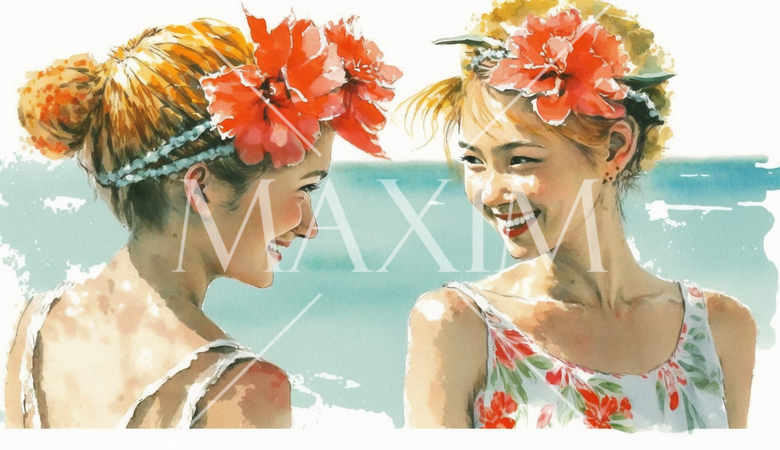 南国の島でリゾート気分の若い女友達たち