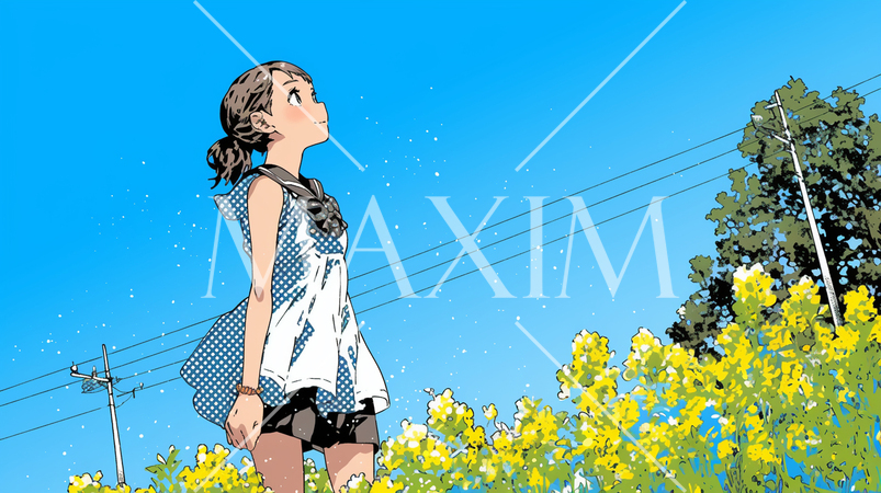 黄色い花畑から空を見上げている少女(差替）