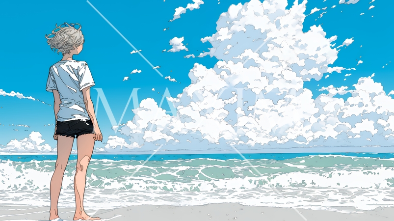 夏の海と入道雲と若い女性