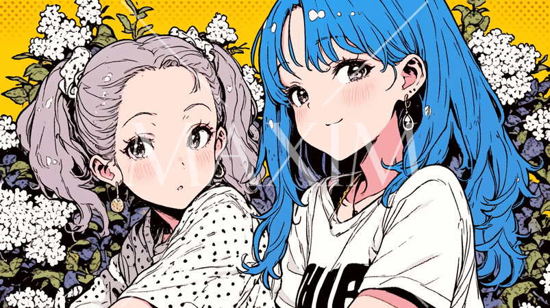 夏休み、女友達同士で花壇の前でおしゃべりしている女学生