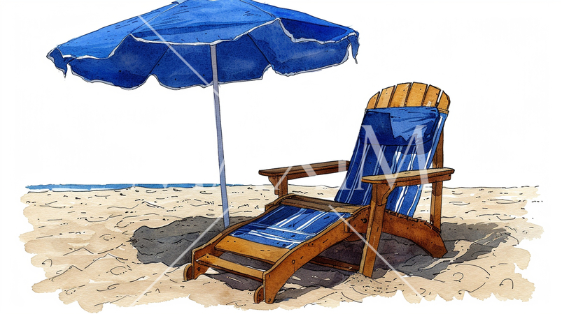 砂浜とビーチパラソルとデッキチェア：水彩画