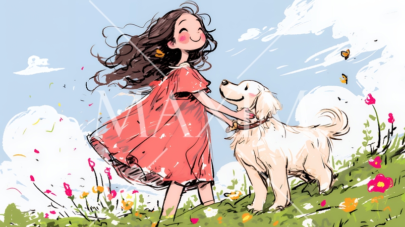 愛犬と散歩をしている女の子（クレヨン＋水彩画風）