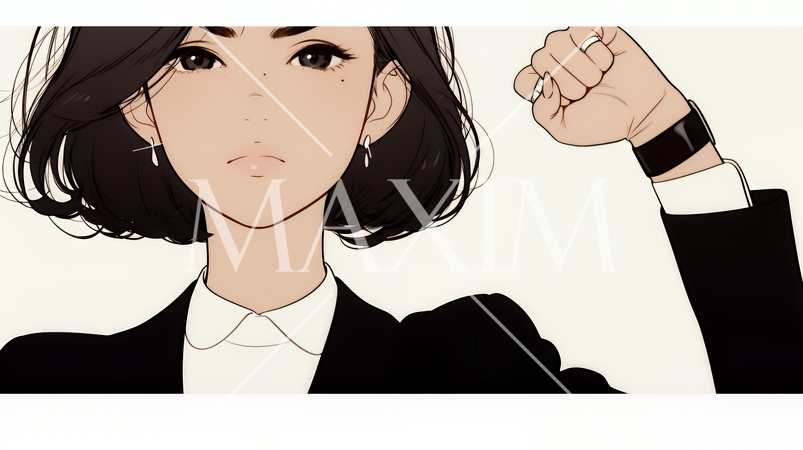ガッツポーズ（拳を握って力強く）をしているビジネスウーマン（シンプルな色使い）