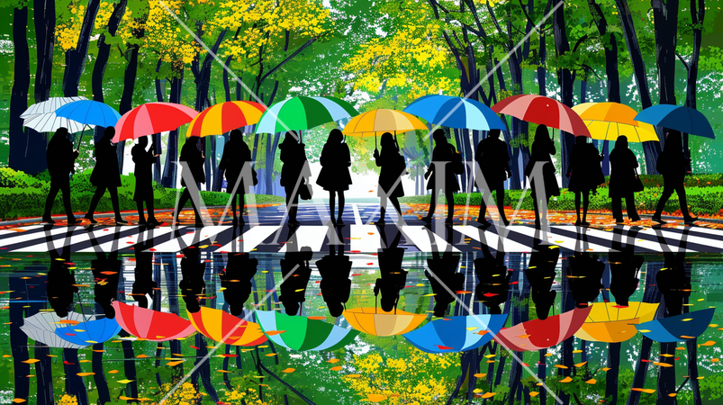 SDGs：街中の大きな街路樹の下で、みんなが分け隔てなく傘を寄せ合っています