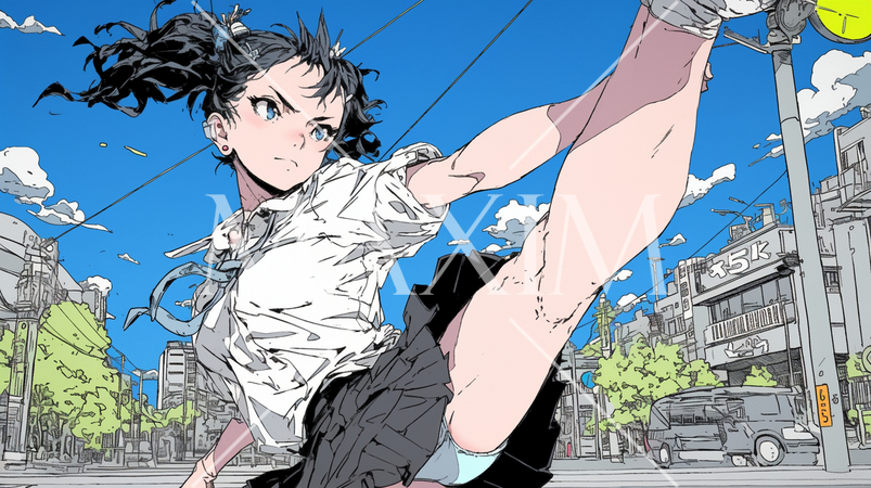 本気モードの喧嘩をしている女子高生：蹴り上げた勢いでパンチラ