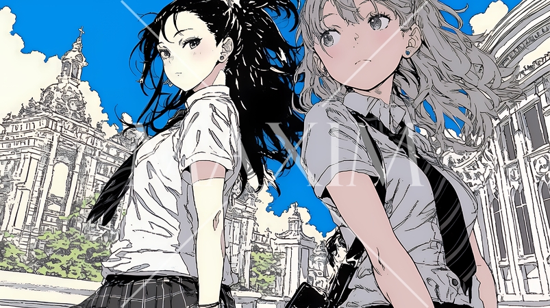 制服姿の女子高生：友達と通学