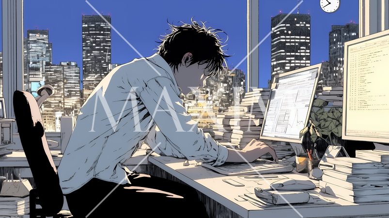 夜遅くまで残業するビジネスマン｜疲れた表情でパソコン作業をする会社員のビジネスイメージ