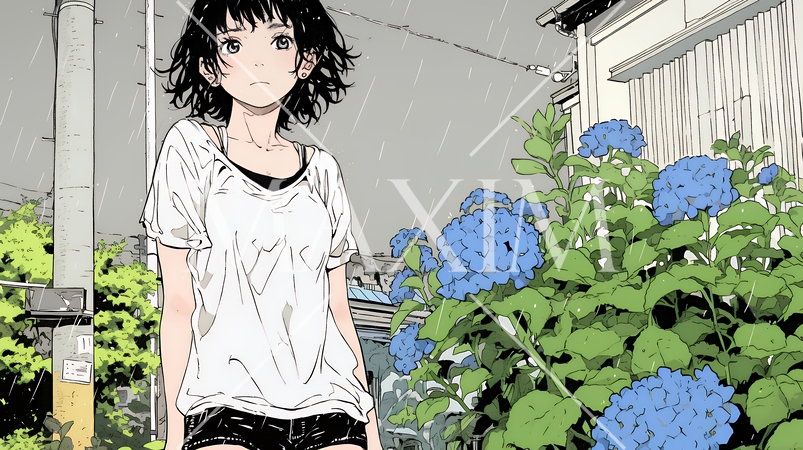 アジサイと梅雨の長雨と若い女性