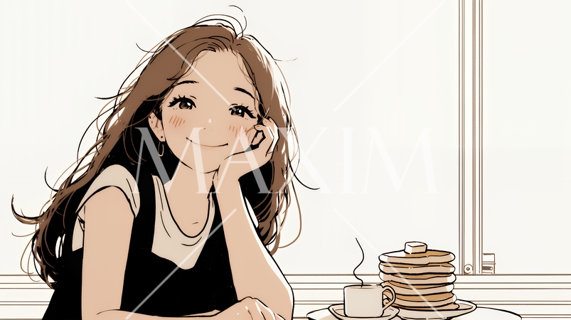 早朝のダイナー（喫茶店）でパンケーキ（モーニングセット）を食べる若い女性（シンプルな色使い）