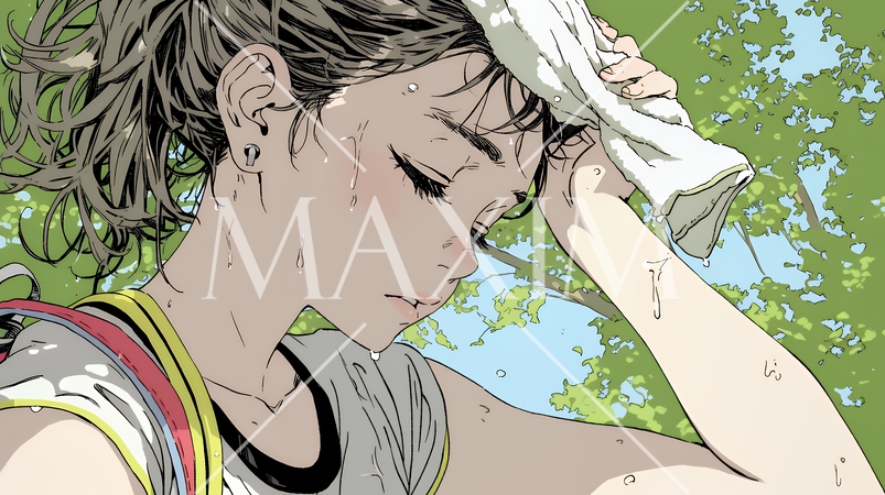 強烈な日差しでヘトヘト状態の女性（シンプルな色使い）