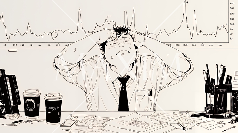 金融市場の急激な変動で頭を抱えている男性（シンプルな色使い）