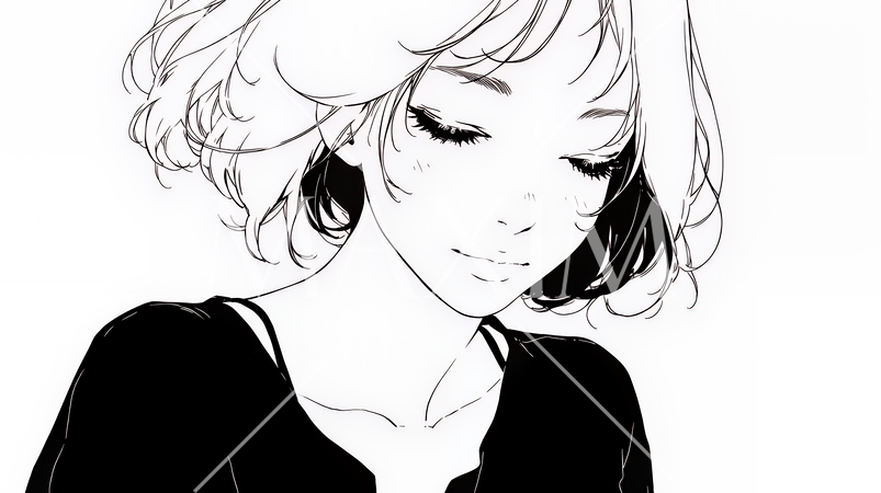 悲しげな目で微笑む（Smiling with sad eyes）若い女性（シンプルな色使い）