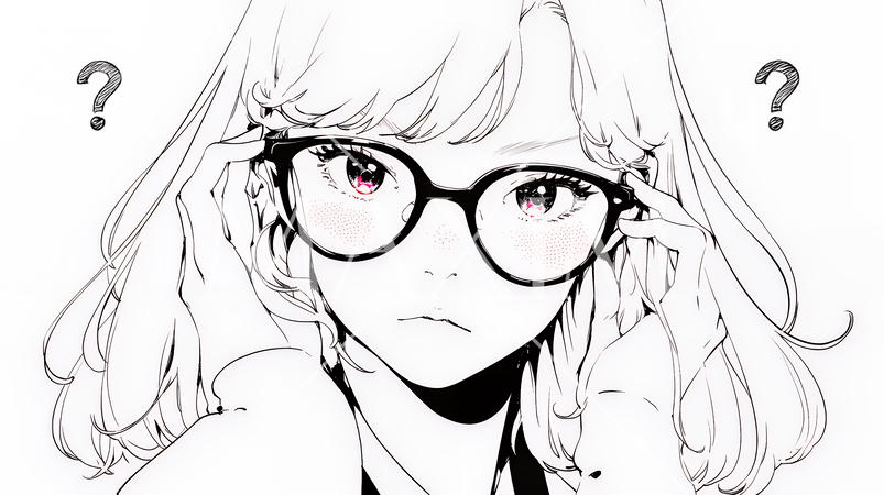 クエスチョンマークのある場面：頭の中にクエスチョンマークが生まれている（シンプルな色使い）