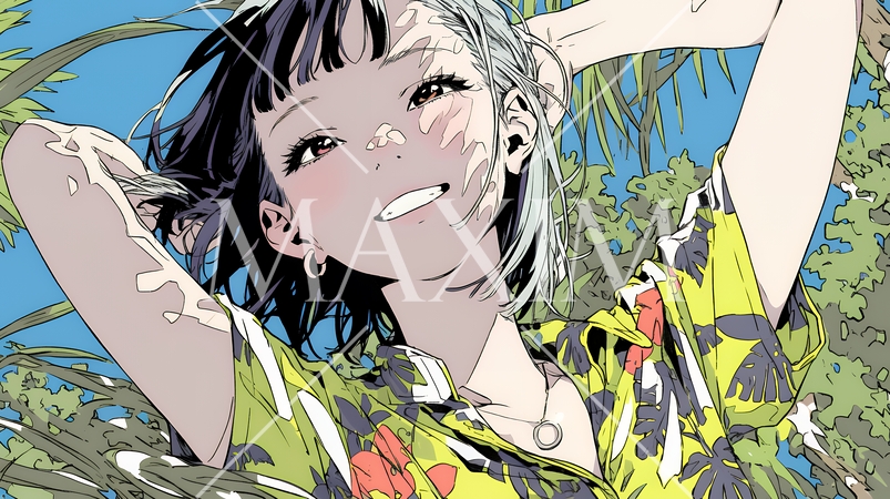 沖縄のかりゆしファッションを着て笑顔いっぱいの若い女性