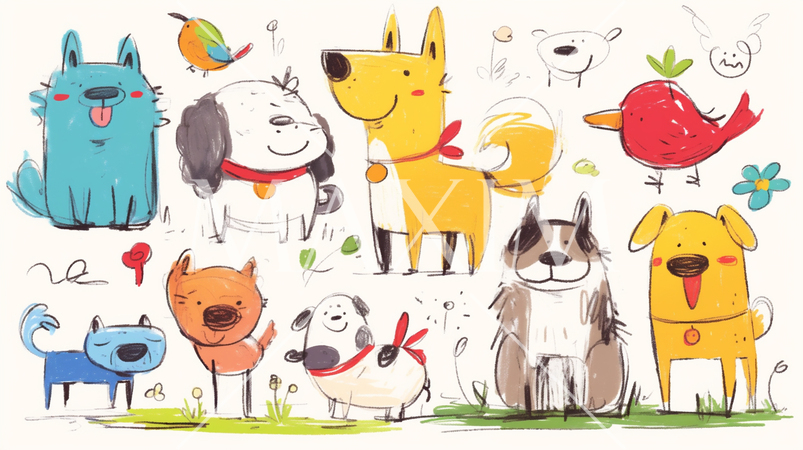 小学生低学年が描いたイヌ（クレヨンと水彩画）