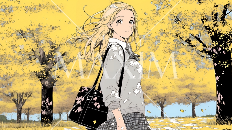 色づいたイチョウの木の下を歩く若い女性