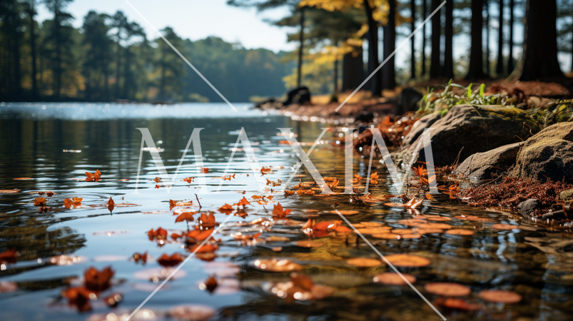 秋の森の湖の湖面から見た景色。水面には木々と空が映っている。水面には落ち葉が見える。：精緻CG