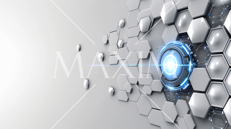 先進的な企業や技術のイメージ：機械的なイメージと六角形のジオメトリックな図形