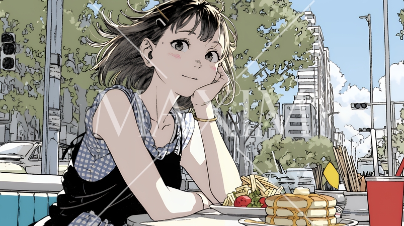 早朝のダイナー（喫茶店）でパンケーキ（モーニングセット）を食べる若い女性