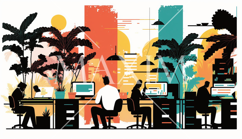 オフィス環境：オフィスでの仕事をする人々、デスクワーク、コンピューター作業。