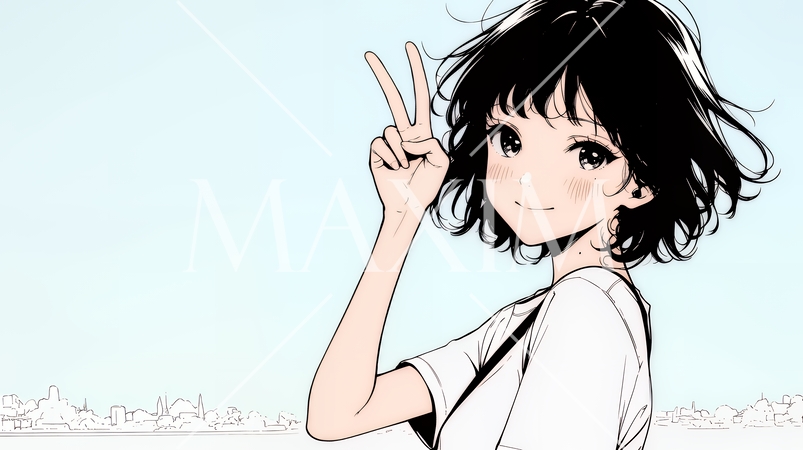 笑顔でピースサインを見せる若い女性（シンプルな色使い）