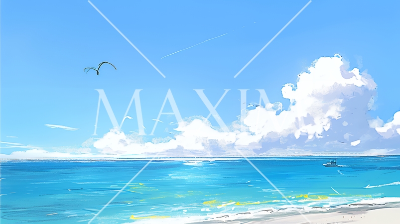 夏の青い空と青い海と白い雲のコントラスト（クレヨン＋水彩画風）