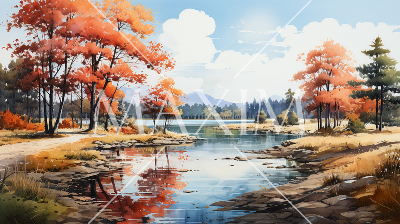 木々の紅葉が水面に映る美しい水辺の風景：水彩画