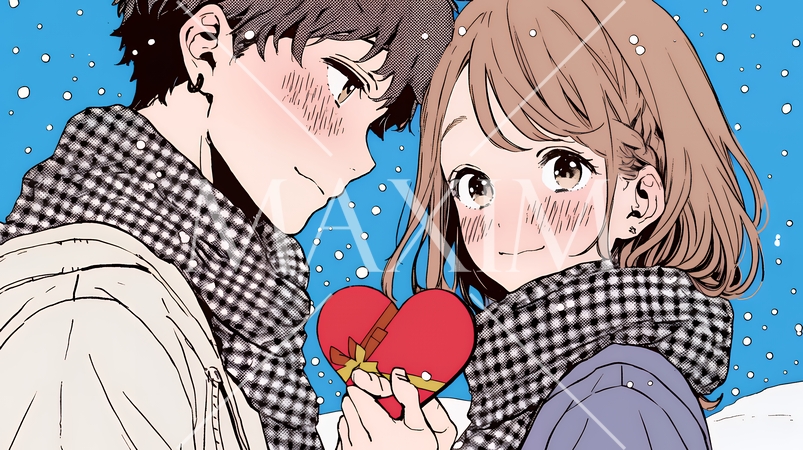 バレンタインディのチョコを男性に渡そうとしている若い女性