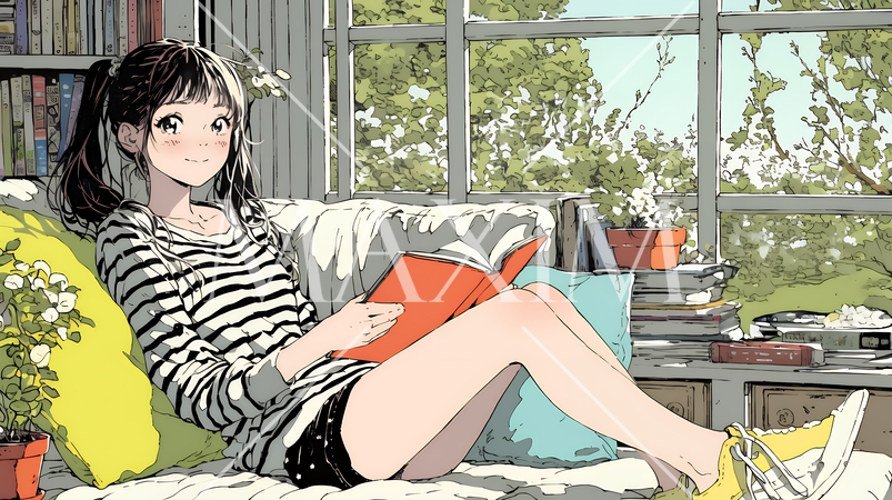 読書の秋：リビングルームで本を読んでいる若い女性