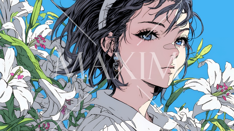 ユリの花と若い女性